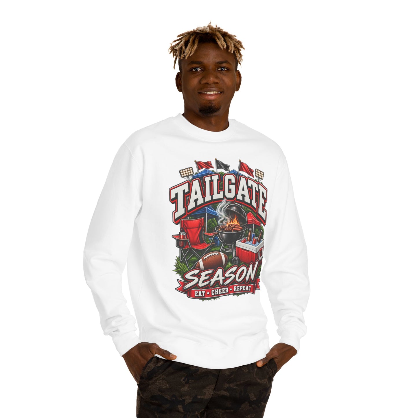 Tailgate Season Sweatshirt — "Eat • Cheer • Repeat" Football Tailgating Crewneck