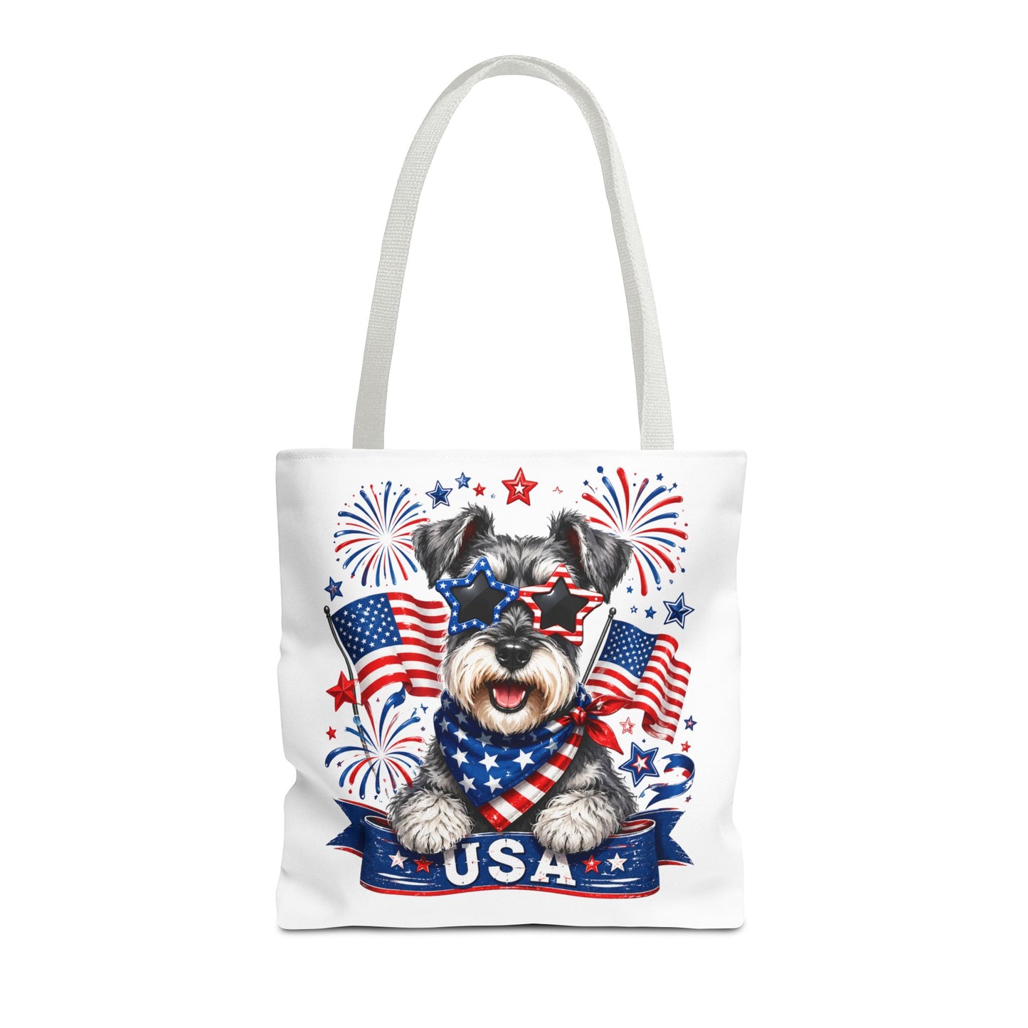 Patriotic Schnauzer Tote Bag — USA Flag Fireworks All-Over Print