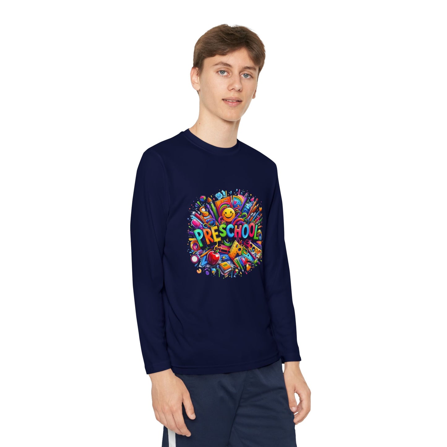 Youth Preschool Long Sleeve Tee - Colorful School Supplies Design