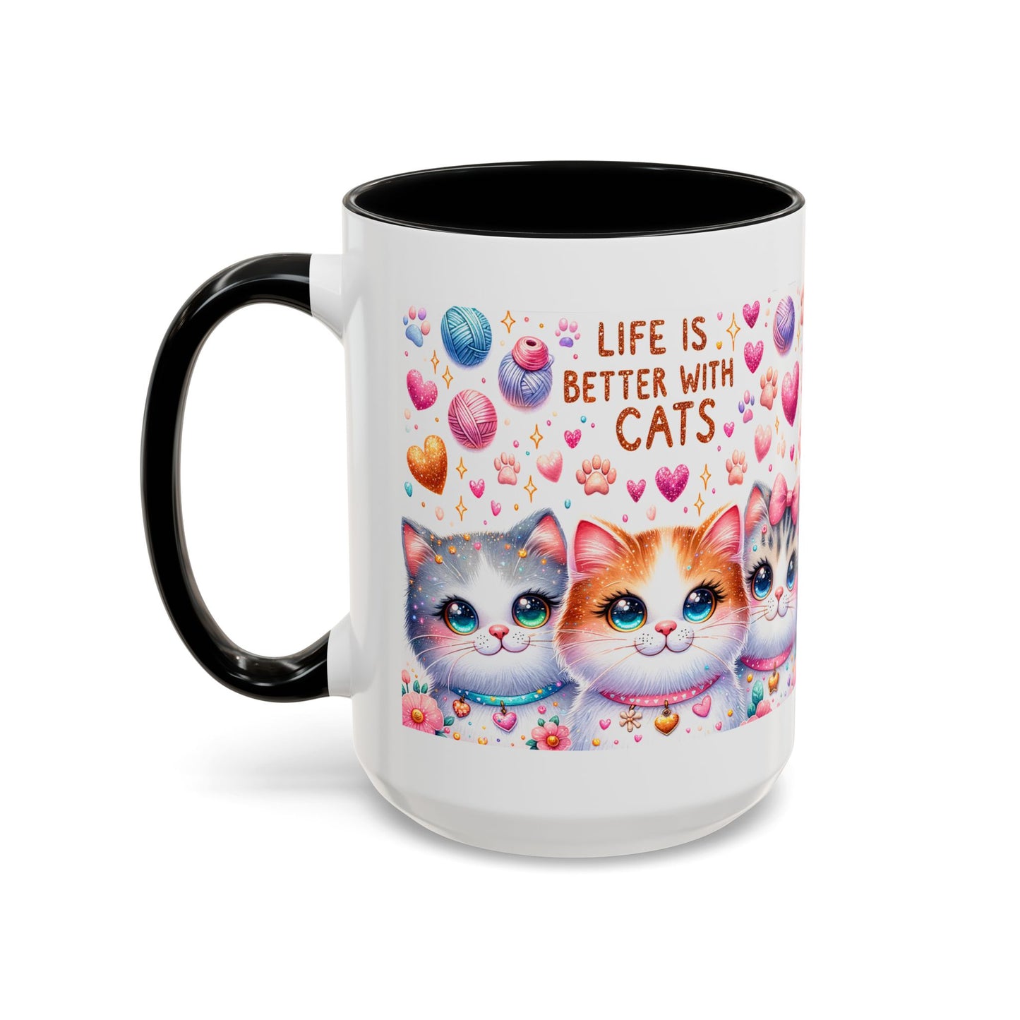 Cat Lover Accent Coffee Mug — "Life Is Better With Cats" Cute Kittens Design (11/15oz)