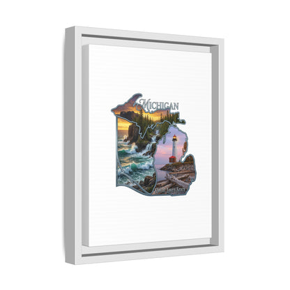 Michigan Framed Canvas Wall Art — Great Lakes State Lighthouse & Shoreline Print