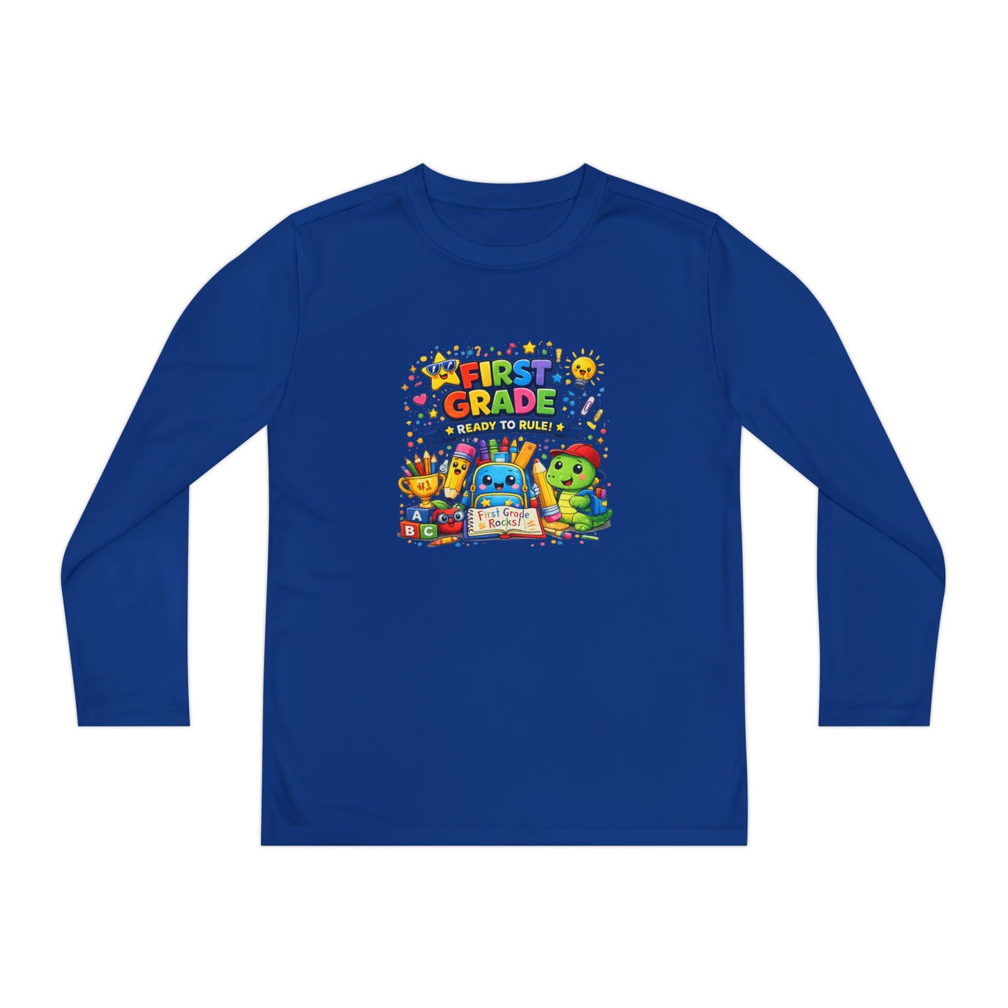 First Grade Ready Youth Long Sleeve Tee — "First Grade Here I Come" Back-to-School Shirt