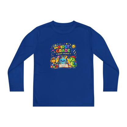 First Grade Ready Youth Long Sleeve Tee — "First Grade Here I Come" Back-to-School Shirt