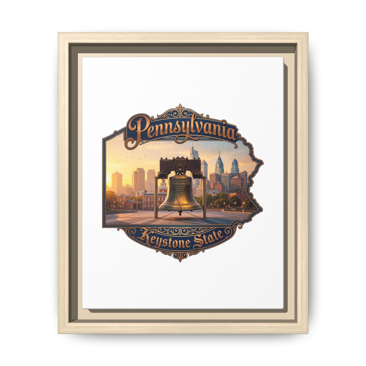 Pennsylvania Keystone State Framed Canvas Wall Art — Liberty Bell & Philadelphia Skyline