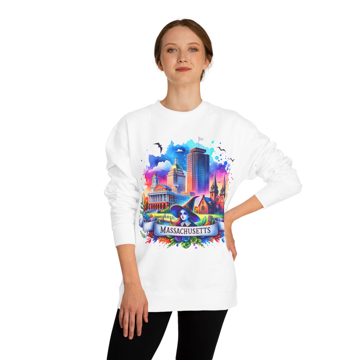 Massachusetts Skyline Crewneck Sweatshirt — Colorful Boston Landmark Graphic