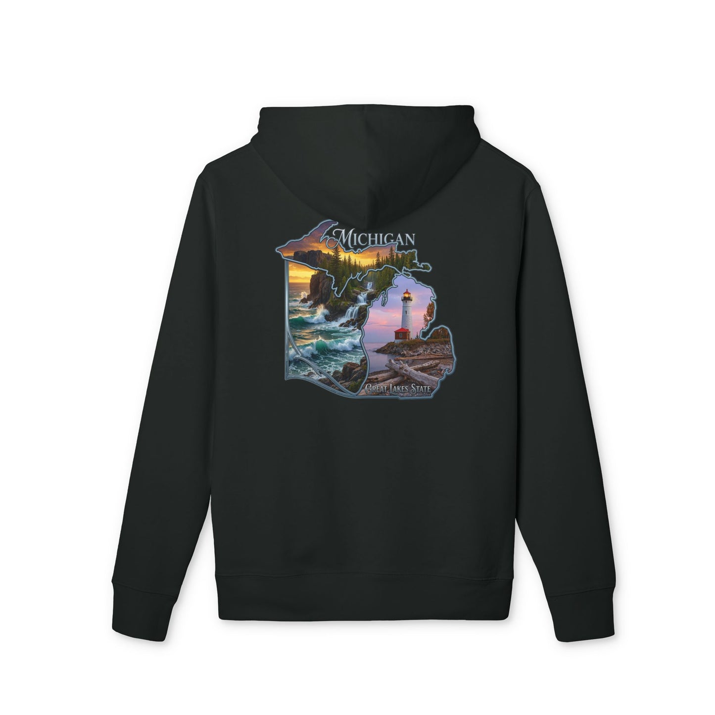 Michigan Lakeshore Hoodie — Scenic Lighthouse Sunset State Silhouette
