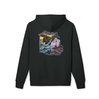Michigan Lakeshore Hoodie — Scenic Lighthouse Sunset State Silhouette