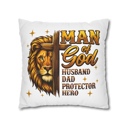 Christian Lion Cross Pillow — "Man of God" Husband Dad Protector Hero Throw Pillowcase