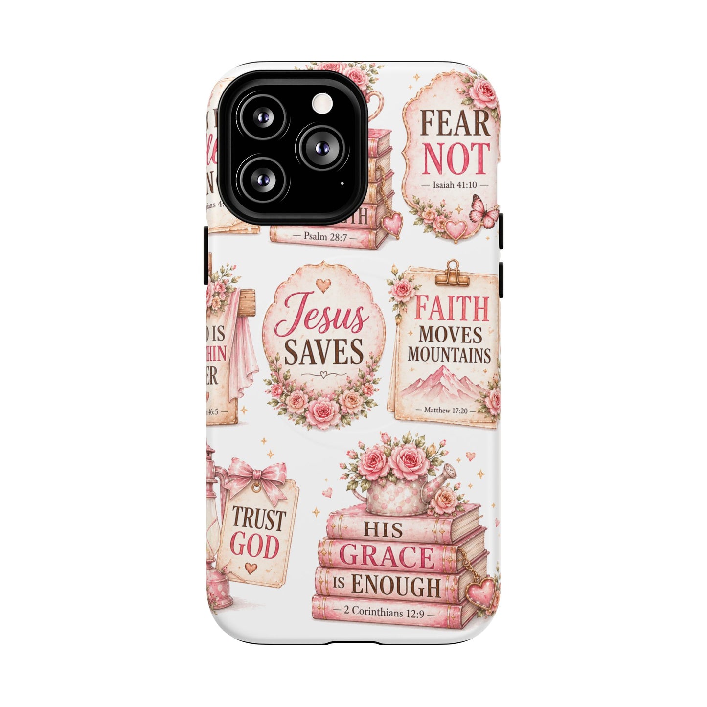 Christian Faith iPhone Tough Magnetic Case — 'Jesus Saves' Floral Scripture Design (Fear Not, Faith Moves Mountains)