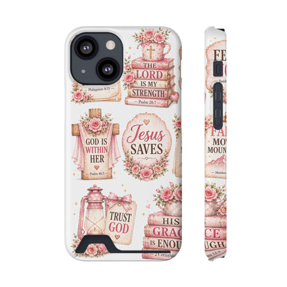 Christian Floral Phone Case with Card Holder — 'Jesus Saves' Inspirational Design