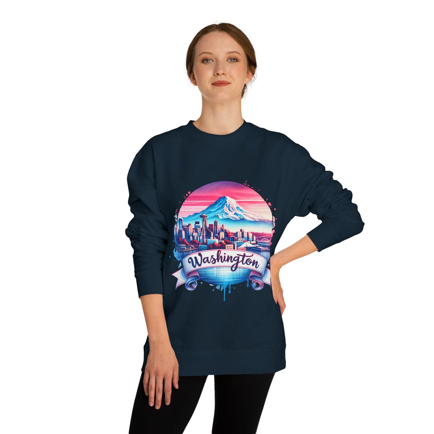 Washington Scenic Crewneck Sweatshirt — Mountain & City Skyline Design