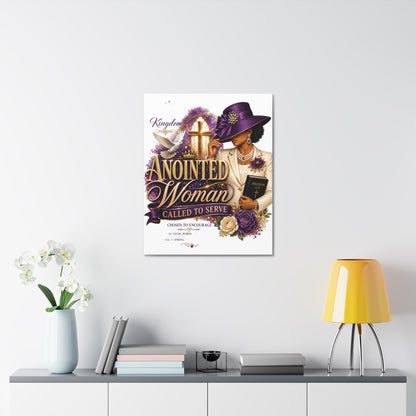 Anointed Woman Stretched Canvas — "Called to Serve" Faith Wall Art (Purple Hat & Bible)