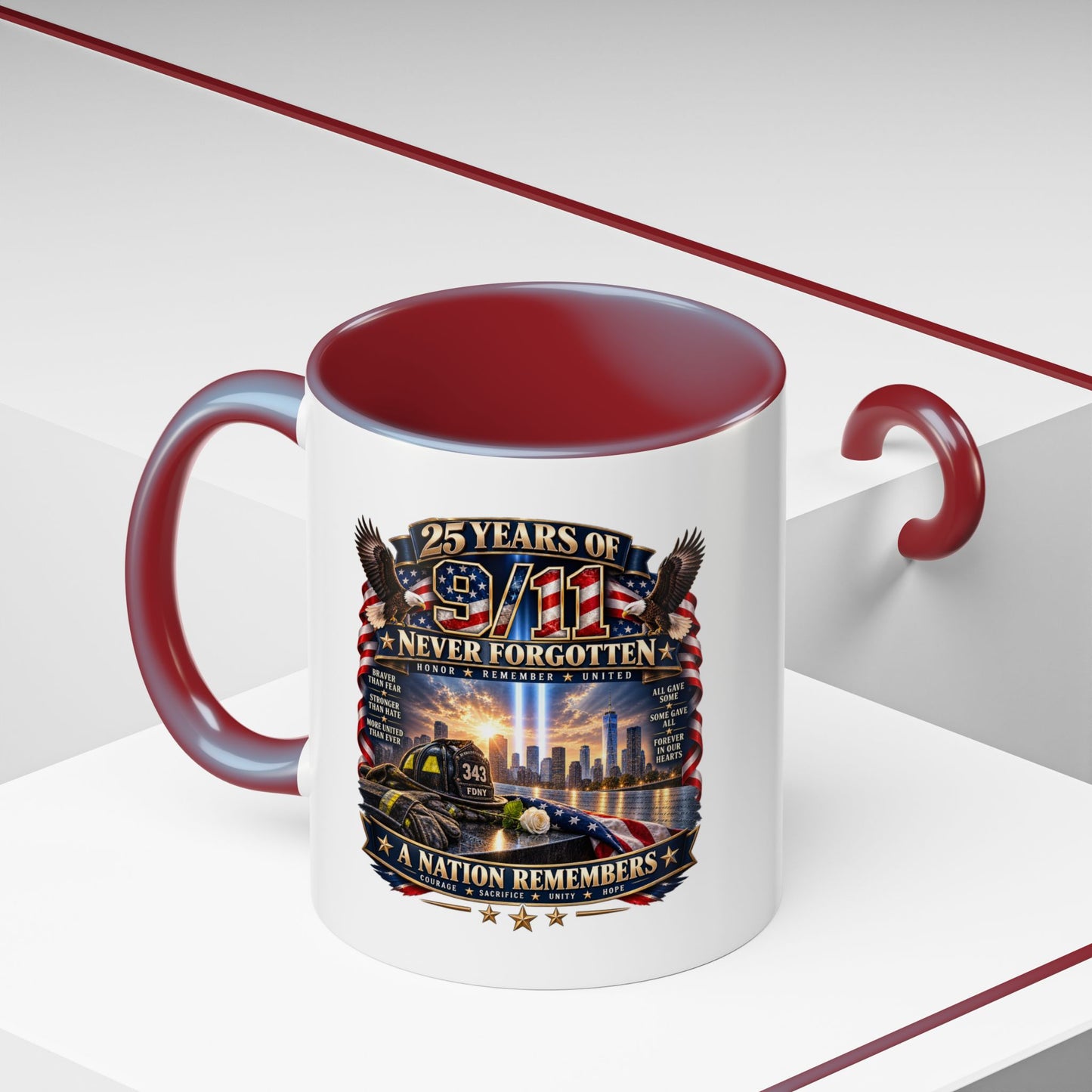 9/11 Memorial Coffee Mug — "25 Years of Never Forgotten" Patriot Tribute