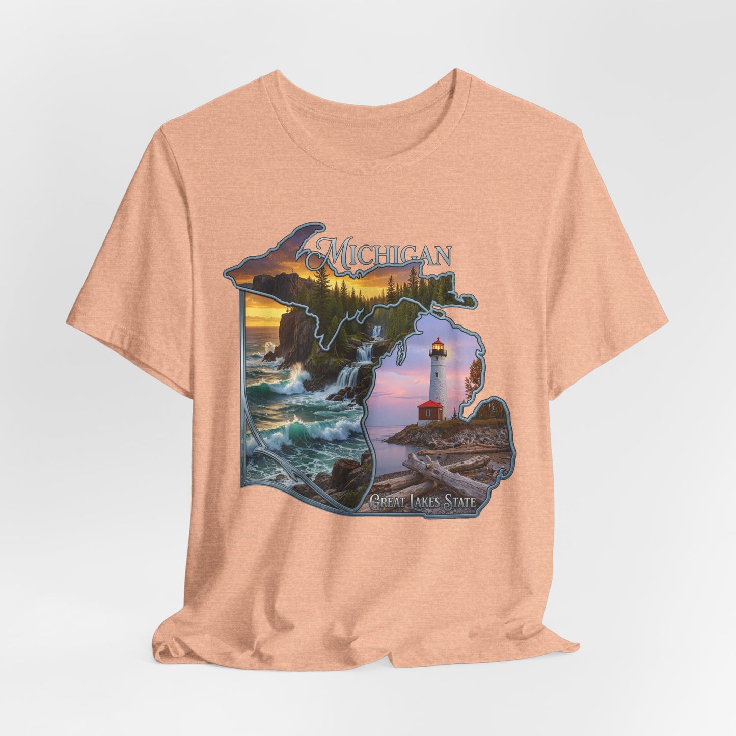 Michigan Scenic Map T-Shirt — Great Lakes Lighthouse Sunset Tee