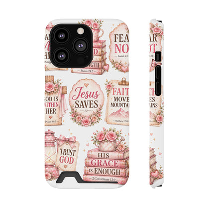 Christian Phone Case with Card Holder — 'Jesus Saves' Floral Scripture Design