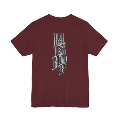 Bishop Vertical Script Tee — Vintage Gothic Lettering T-Shirt