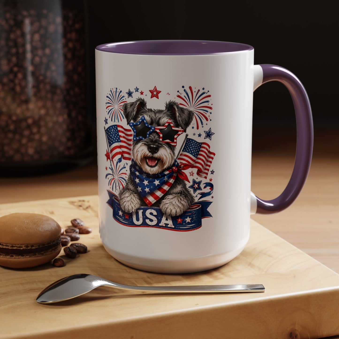 Patriotic Schnauzer Coffee Mug – USA Flag, Fireworks Accent Mug (11/15oz)