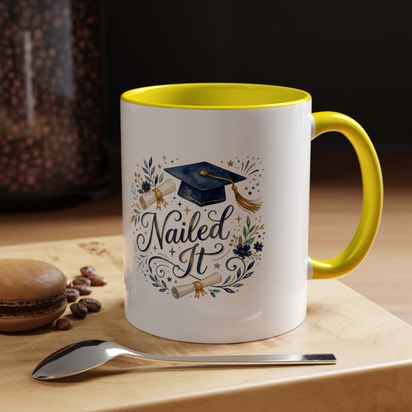 Nailed It Graduation Coffee Mug – Navy Cap & Floral 11/15oz Accent Mug