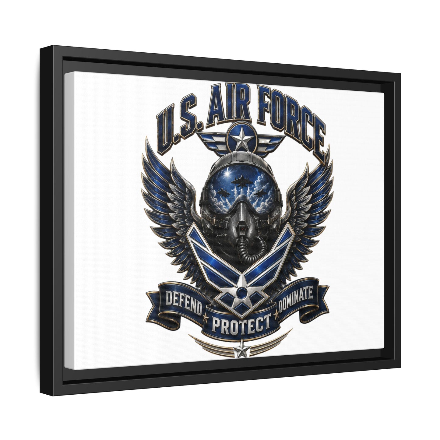 U.S. Air Force Emblem Framed Canvas Print – "Defend Protect Dominate" Military Wall Art