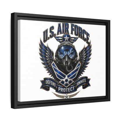 U.S. Air Force Emblem Framed Canvas Print – "Defend Protect Dominate" Military Wall Art