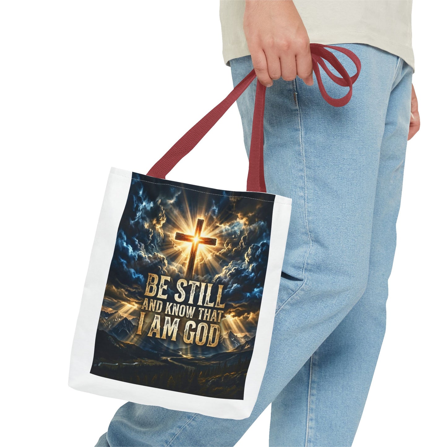 Christian Tote Bag – “Be Still and Know That I Am God” Inspirational Cross Tote