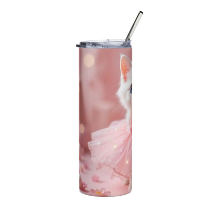 20oz Cat Tumbler — Cute White Kitten in Pink Dress Stainless Steel Travel Cup