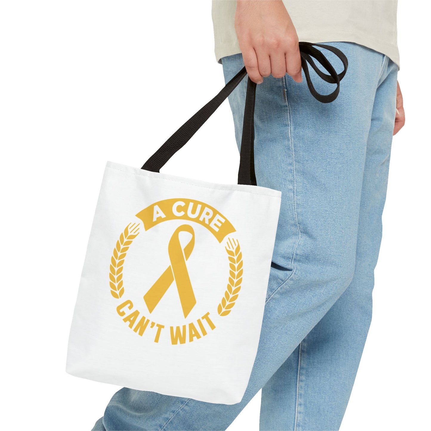 A Cure Can’t Wait Gold Ribbon Tote Bag — Cancer Awareness Support Tote
