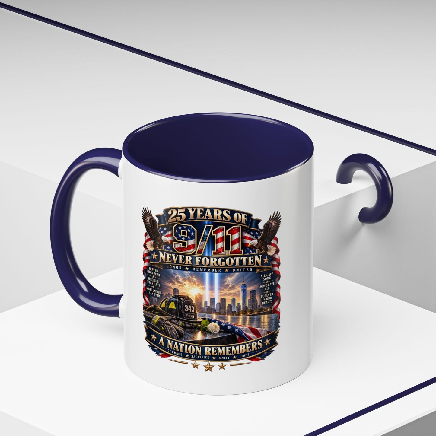 9/11 Memorial Coffee Mug — "25 Years of Never Forgotten" Patriot Tribute