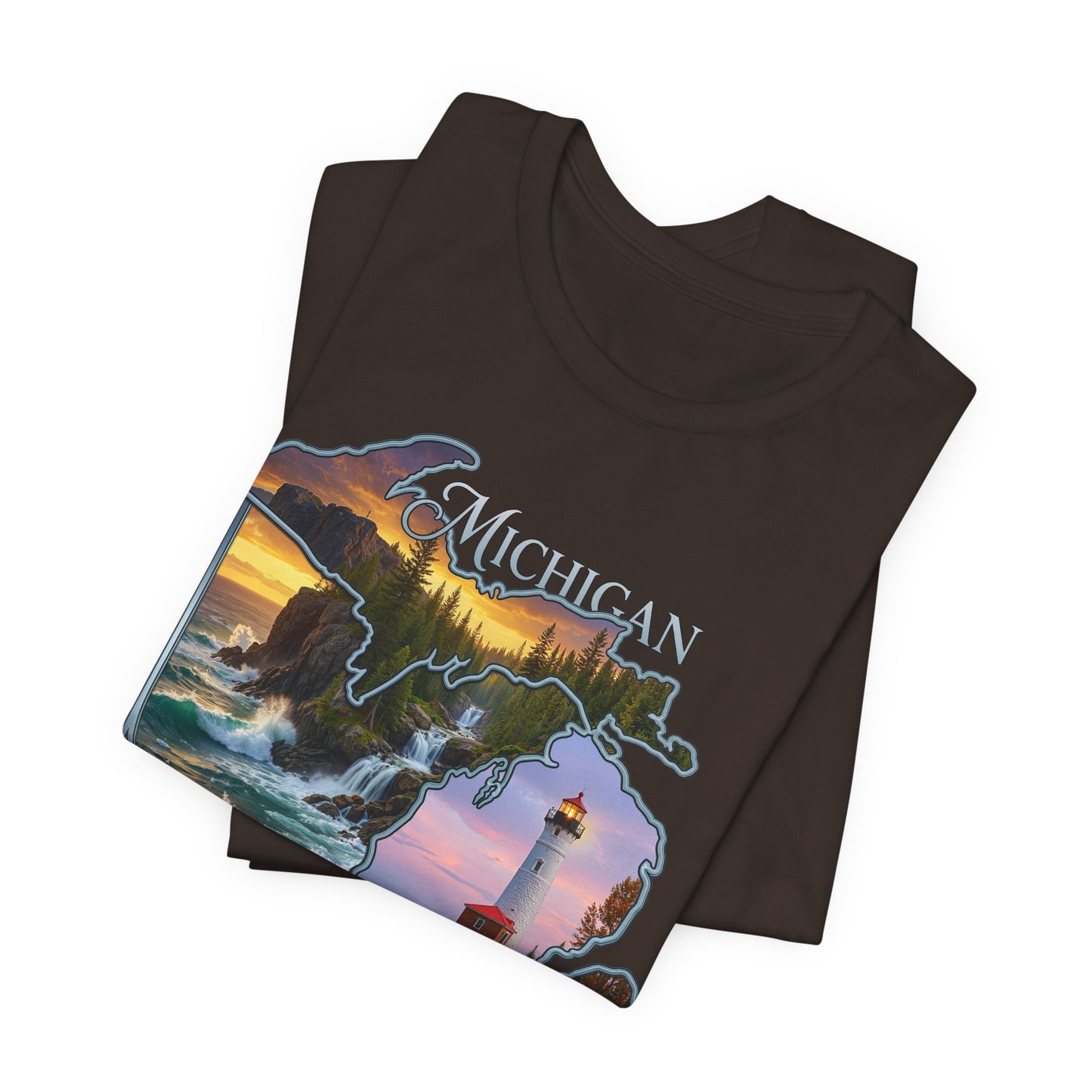 Michigan Scenic Map T-Shirt — Great Lakes Lighthouse Sunset Tee