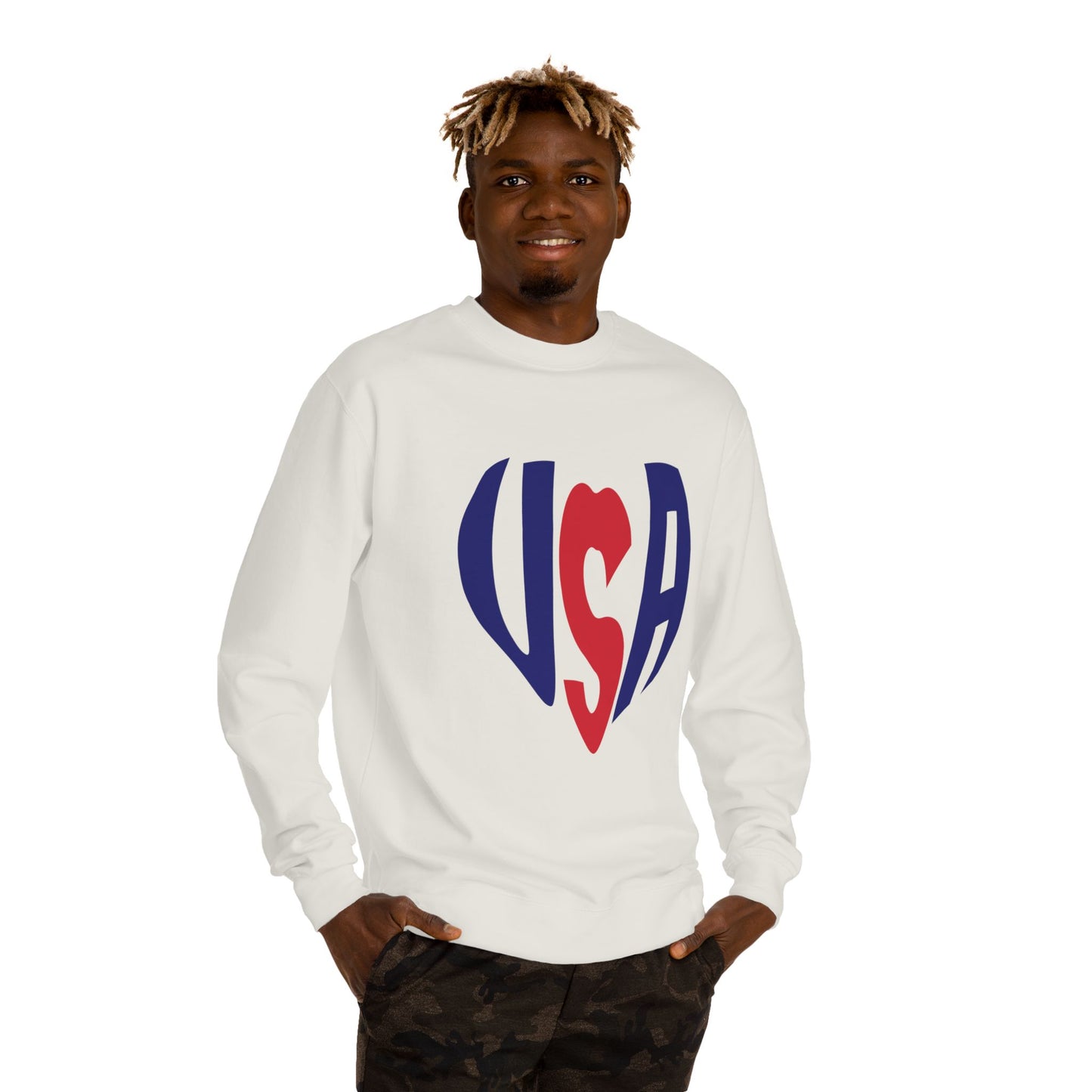 USA Heart Crewneck Sweatshirt — Patriotic Red & Blue Graphic