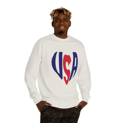 USA Heart Crewneck Sweatshirt — Patriotic Red & Blue Graphic