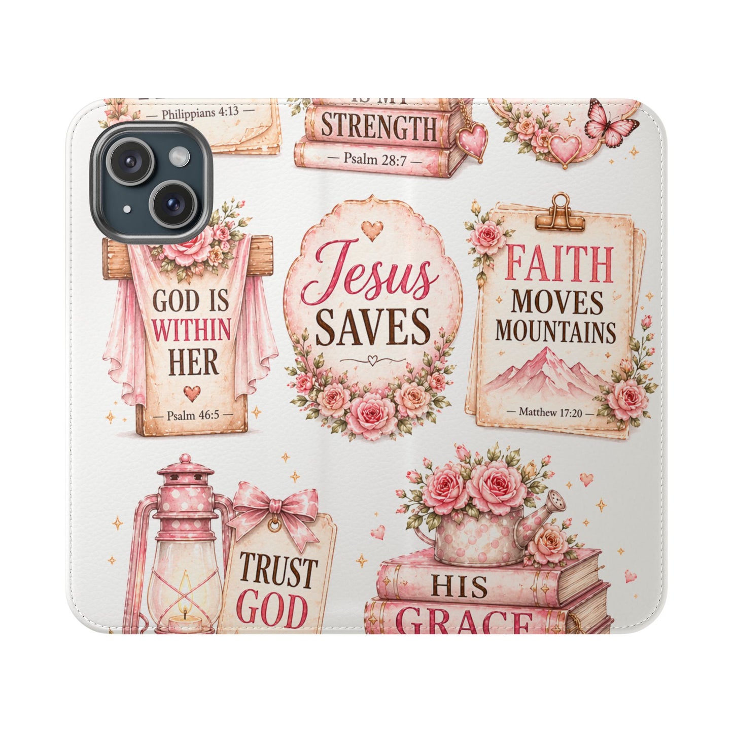 Christian Floral Phone Flip Case — "Jesus Saves" & Inspirational Scripture Wallet Cover