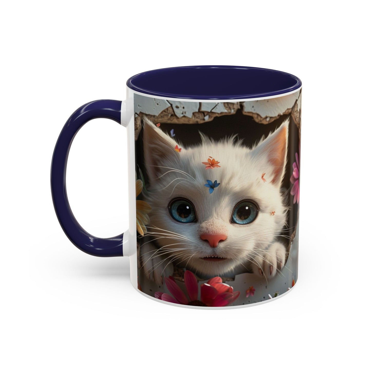 Cute White Kitten Coffee Mug – Floral Accent 11/15oz