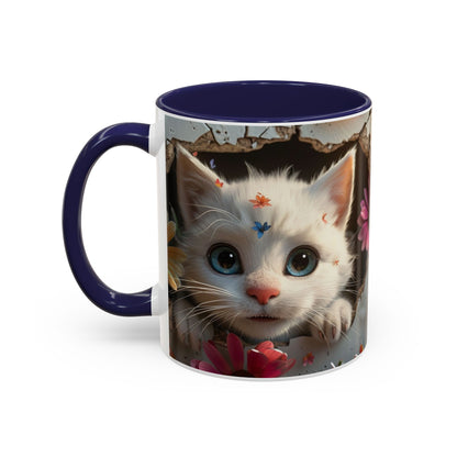 Cute White Kitten Coffee Mug – Floral Accent 11/15oz