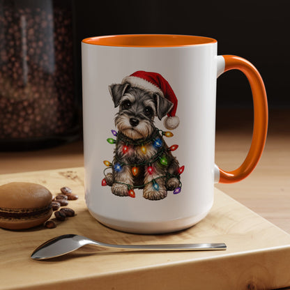 Christmas Puppy Coffee Mug — Schnauzer in Santa Hat with Holiday Lights (11/15oz)