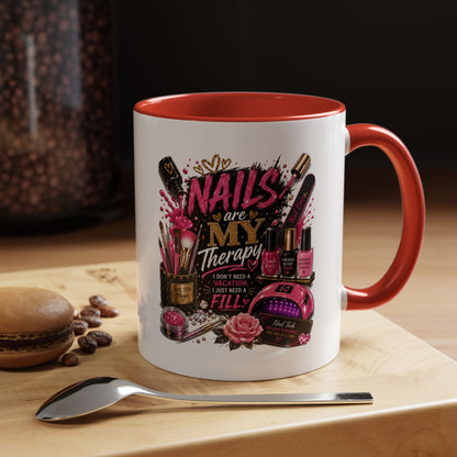 Coffee Mug — "Nails Are My Therapy" Pink Nail Tech Gift