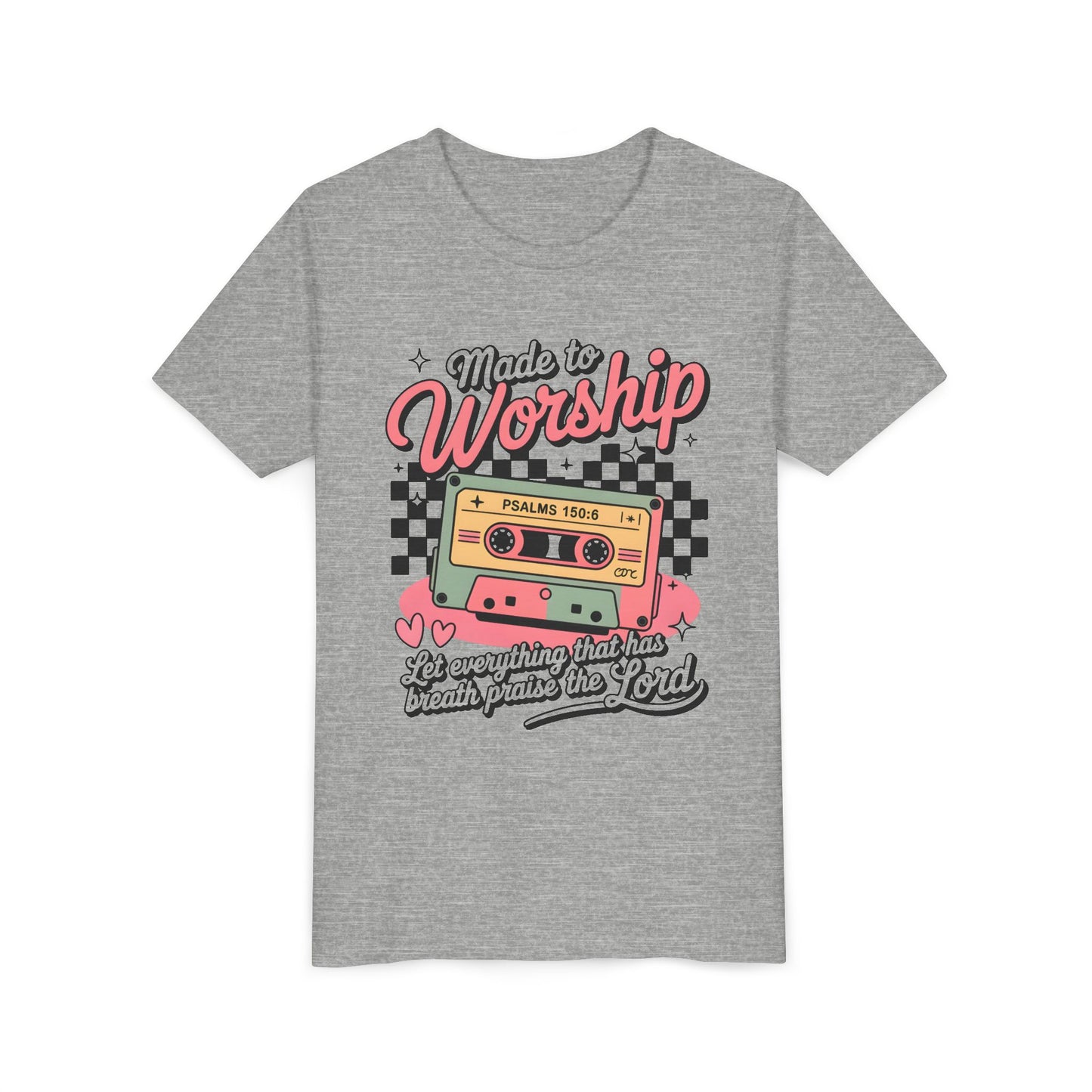 Made to Worship Youth Tee – Retro Cassette Christian Kids Shirt (Psalms 100:4)