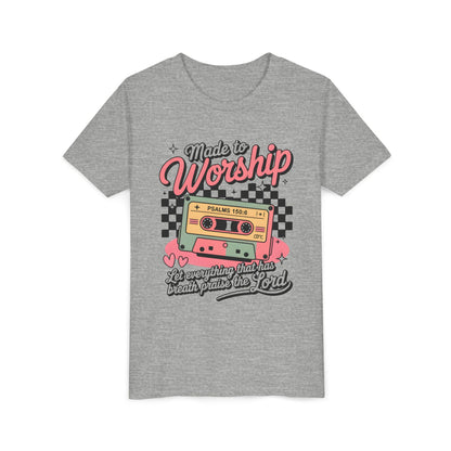 Made to Worship Youth Tee – Retro Cassette Christian Kids Shirt (Psalms 100:4)