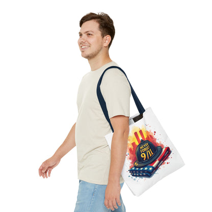 Never Forget 9/11 Memorial Tote Bag — Firefighter Helmet & Flag Tribute