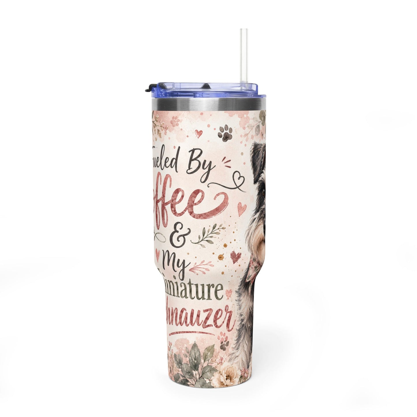 40oz Vacuum Tumbler - "Fueled By Coffee & My Miniature Schnauzer" Floral Dog Travel Cup