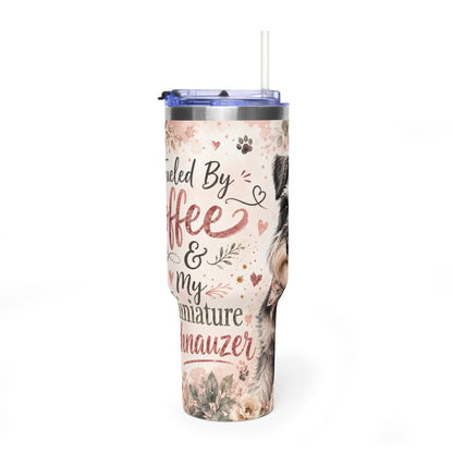 40oz Vacuum Tumbler - "Fueled By Coffee & My Miniature Schnauzer" Floral Dog Travel Cup
