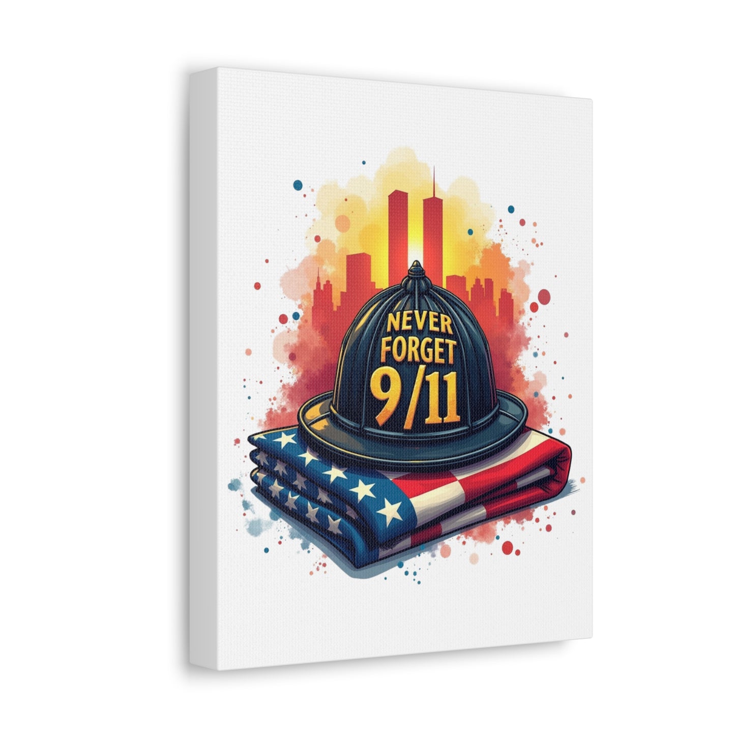 Never Forget 9/11 Stretched Canvas – Memorial Firefighter Helmet & American Flag Wall Art