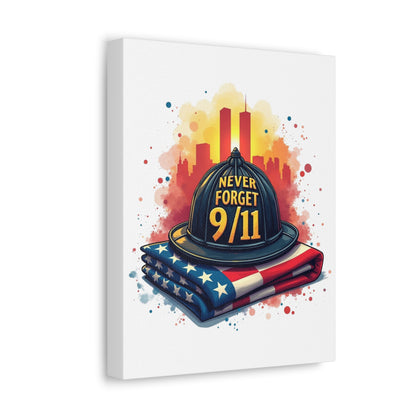 Never Forget 9/11 Stretched Canvas – Memorial Firefighter Helmet & American Flag Wall Art