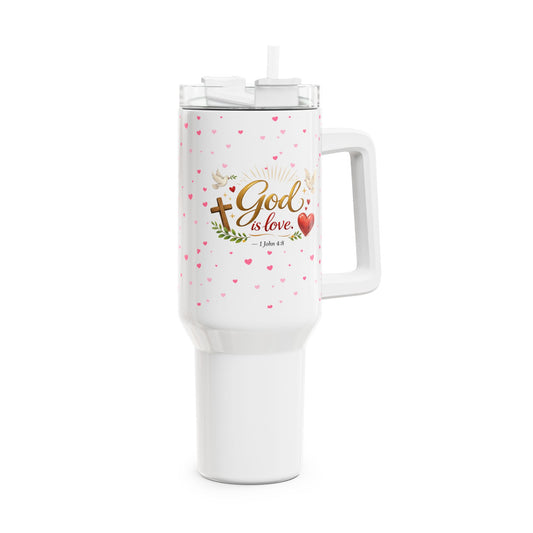 God Is Love 40oz Tumbler — Christian Faith Travel Mug with Hearts & Cross