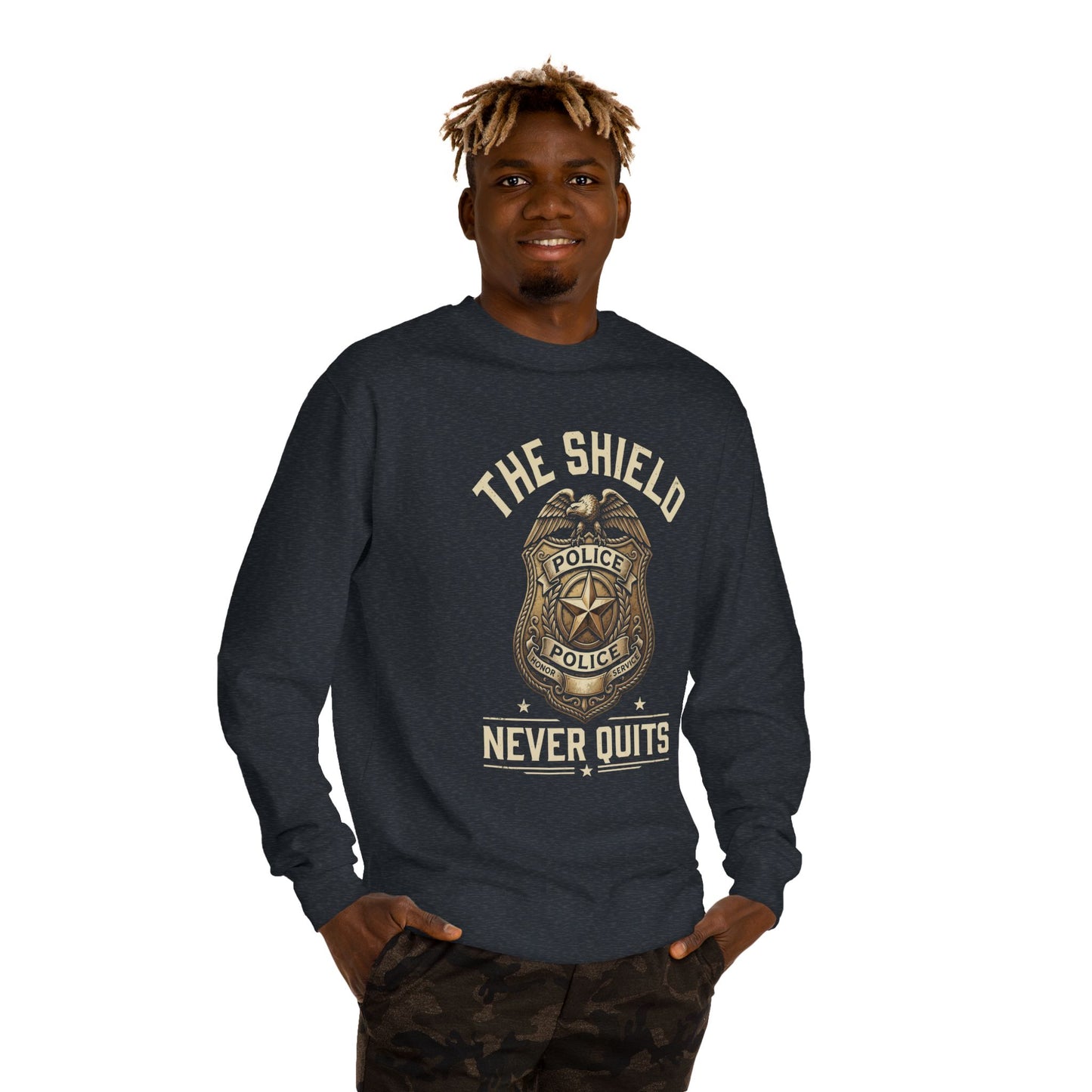 Police Badge Sweatshirt — "The Shield Never Quits"