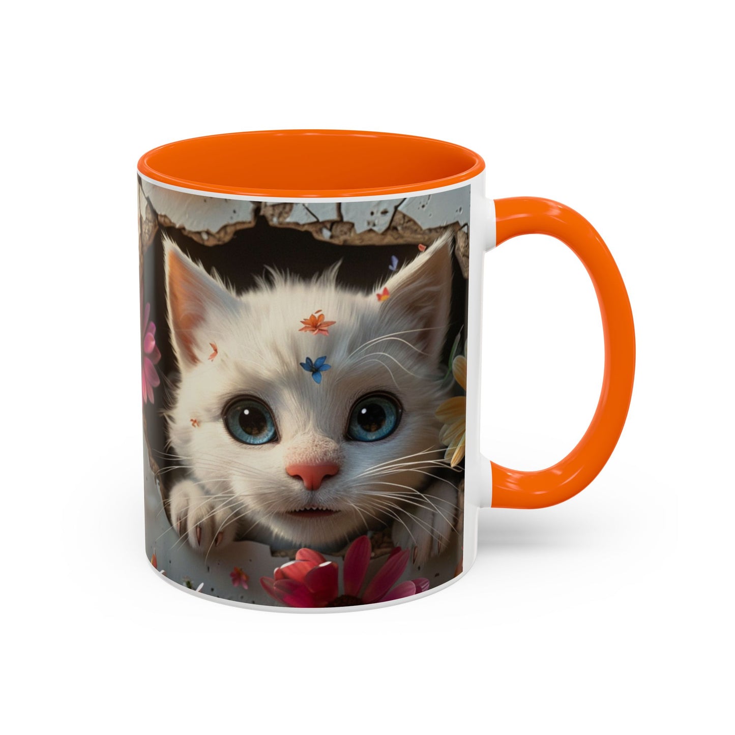 Cute White Kitten Coffee Mug – Floral Accent 11/15oz