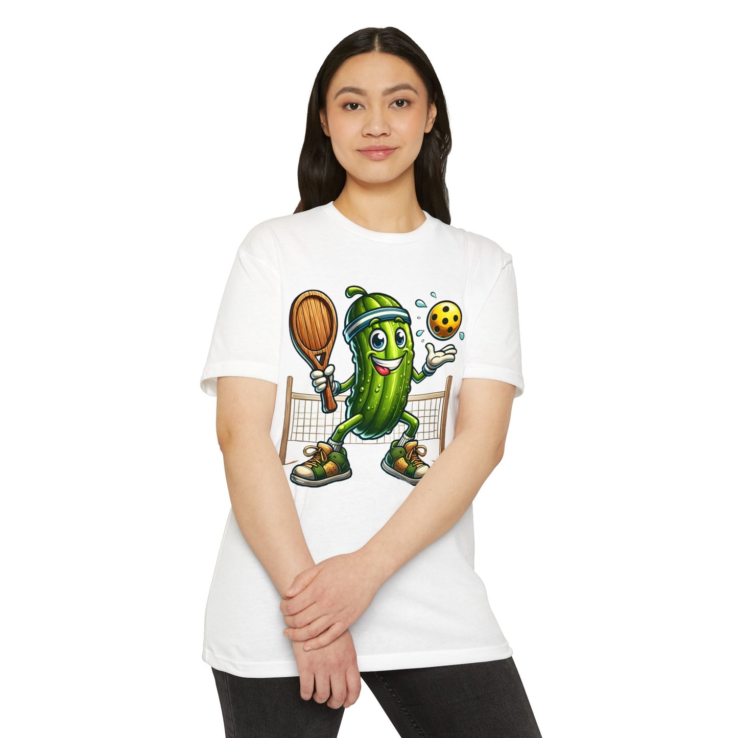 Pickleball Pickle T-Shirt — Cute Cartoon Pickle Playing Pickleball Tee