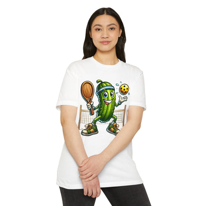 Pickleball Pickle T-Shirt — Cute Cartoon Pickle Playing Pickleball Tee
