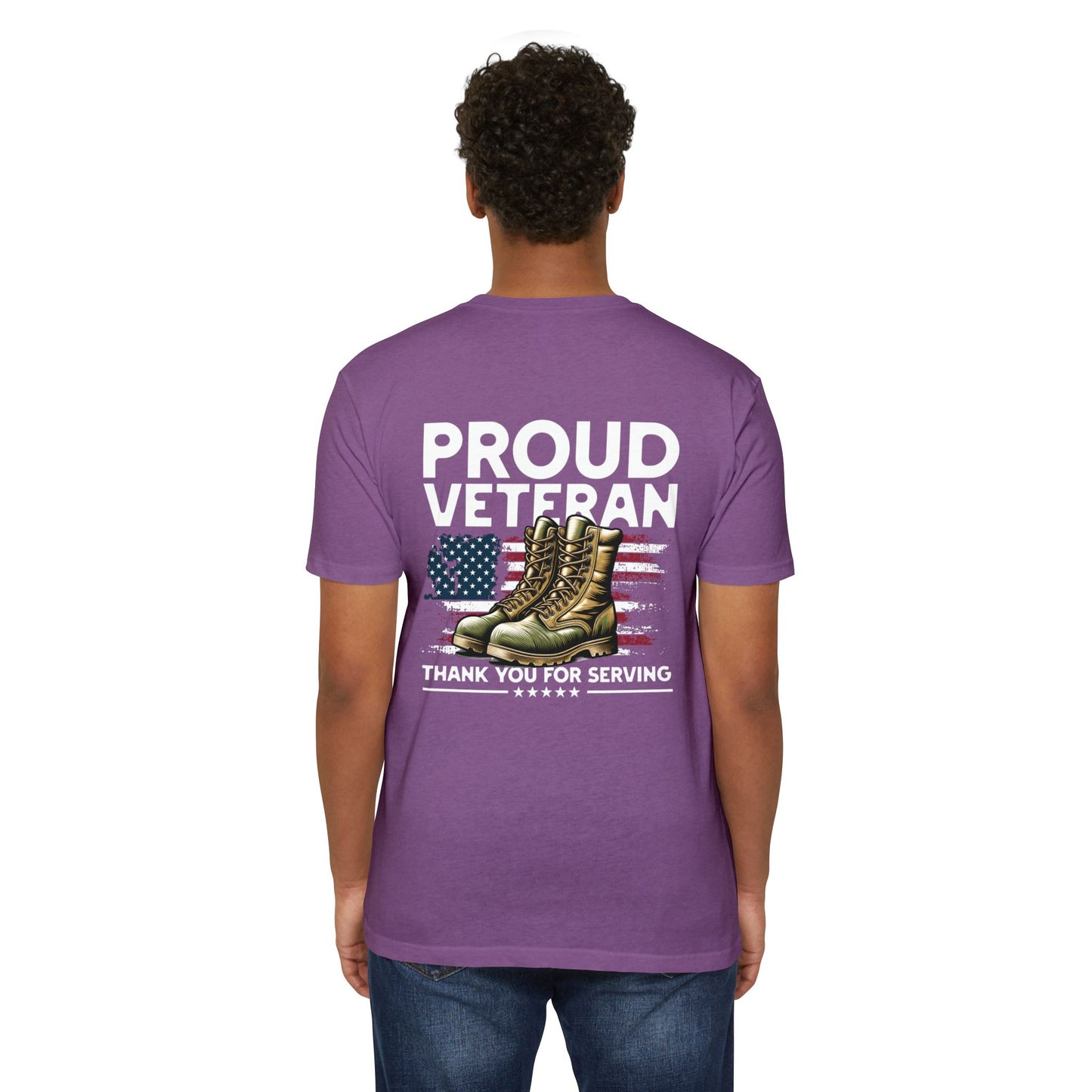 Proud Veteran T-Shirt — "Proud Veteran" with Military Boots & American Flag — Thank You for Serving