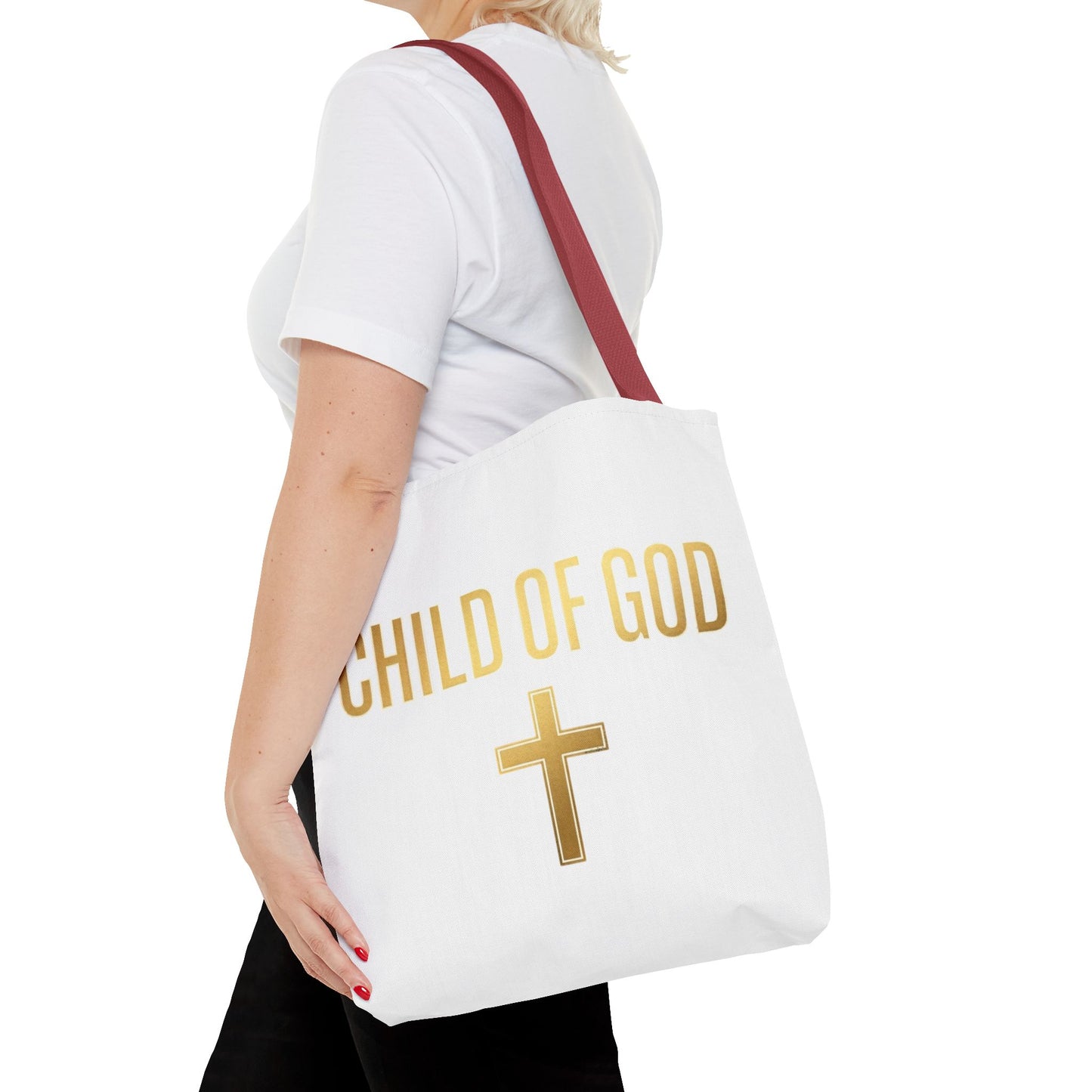 Child of God Tote Bag — Gold Cross Religious Canvas Tote